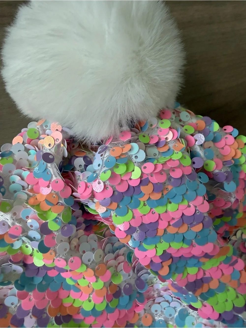Kids Toddler Sequin Pom Beanie Hat - White